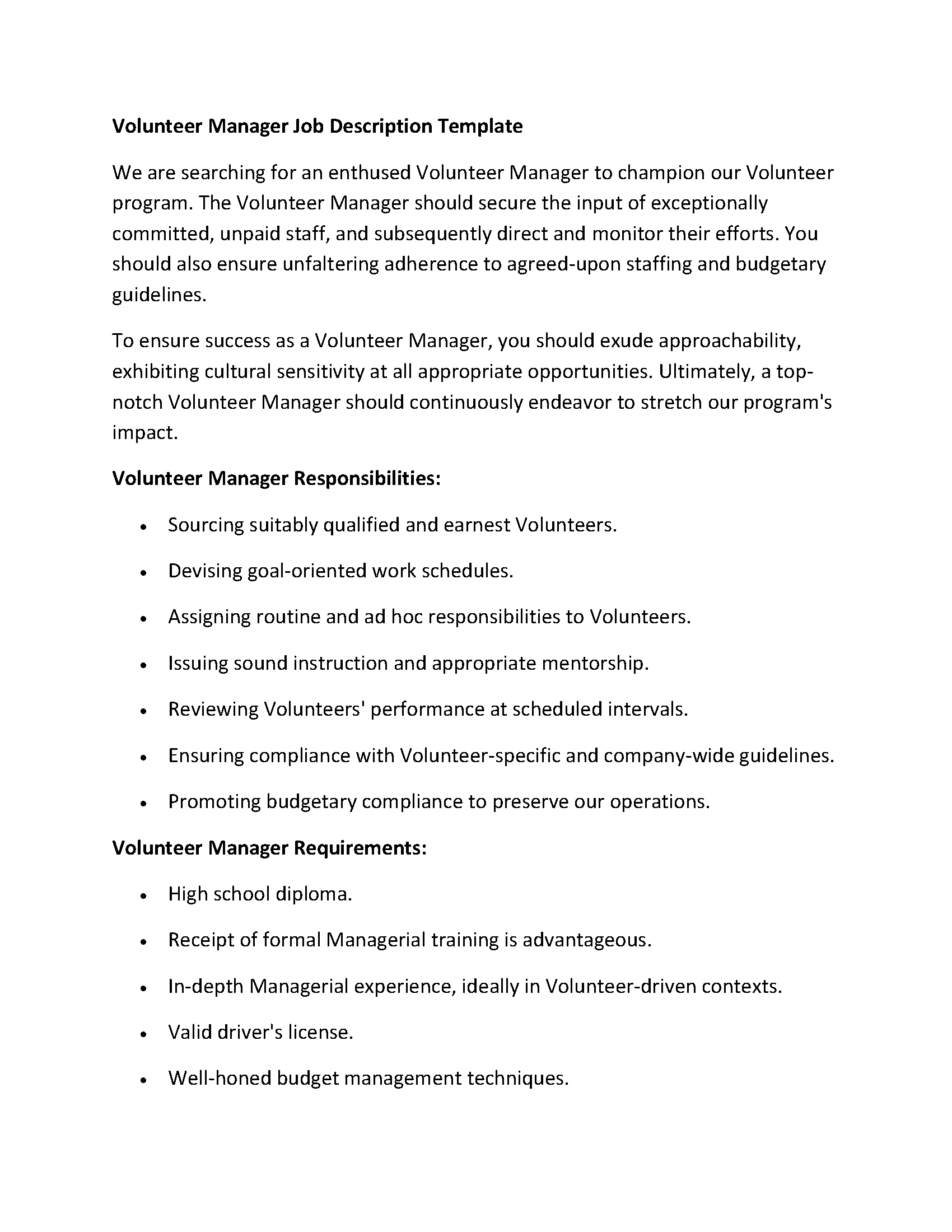 Volunteer Manager Job Description Template